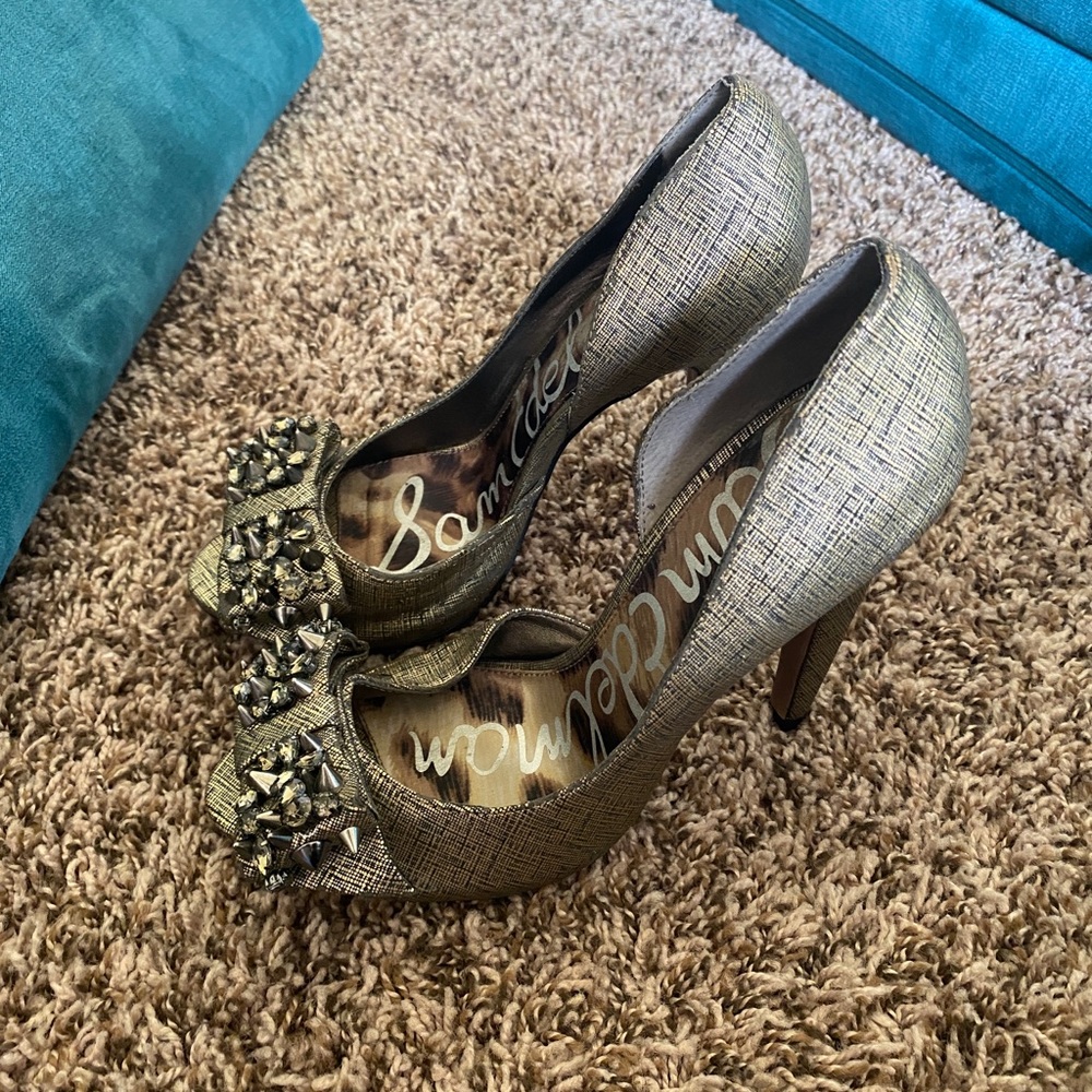 Sam Edelman Lorna Textured Leather Studded Bow Peep Toe Platform High Heels Shoe